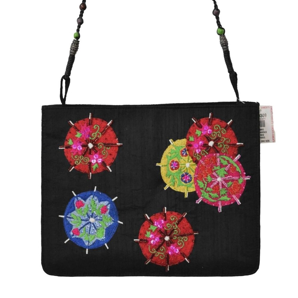 Chicos Crossbosy  Shoulder Bag Purse Parasols Black Raw Silk Sequins Beads